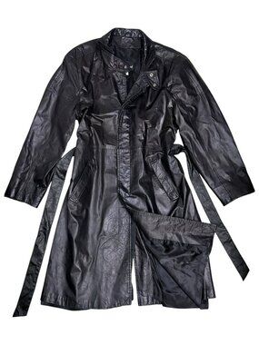 VINTAGE LEATHER Trench Coat CLUB INTERNATIONAL Retro Long Jacket Mens XL